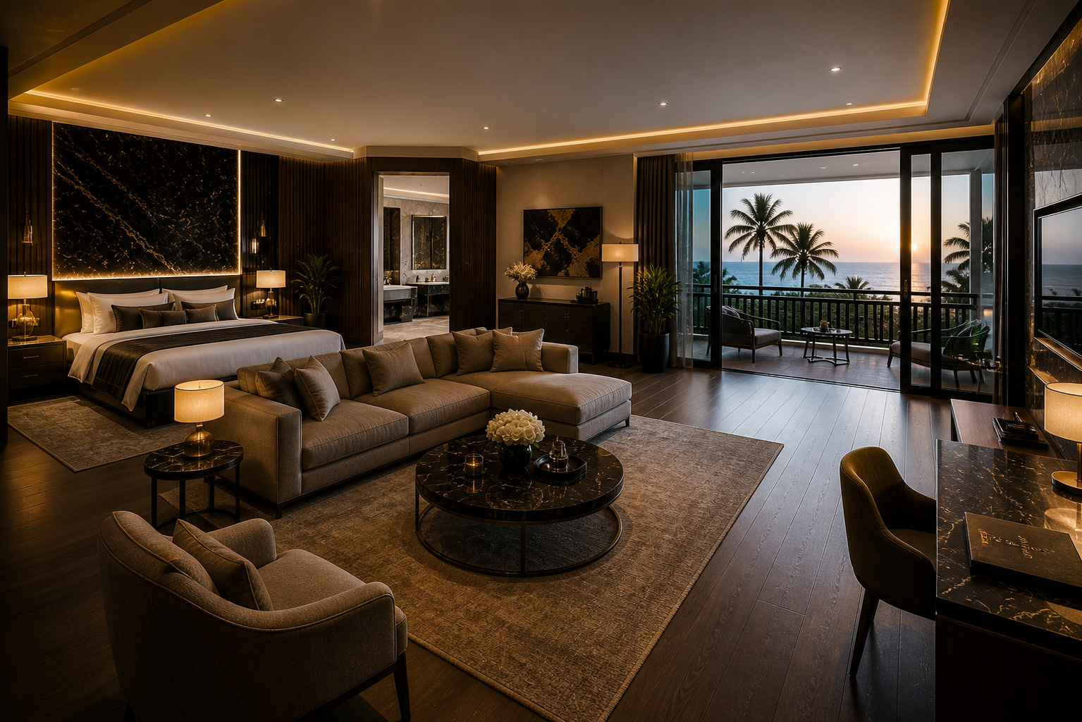 Großzügige Schlafsuite einer Strandresidenz mit Terrasse, Pool- und Meerblick