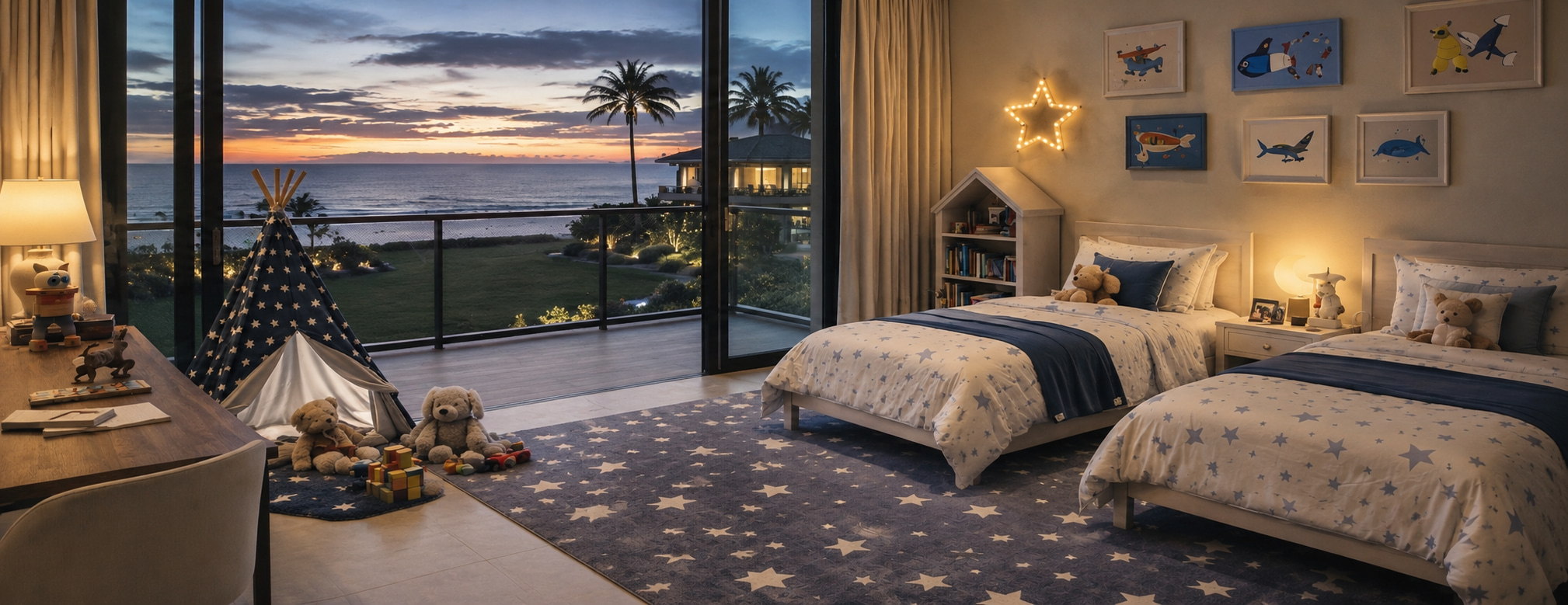 Children’s room with twin beds, play tent and views of palms, pool and ocean