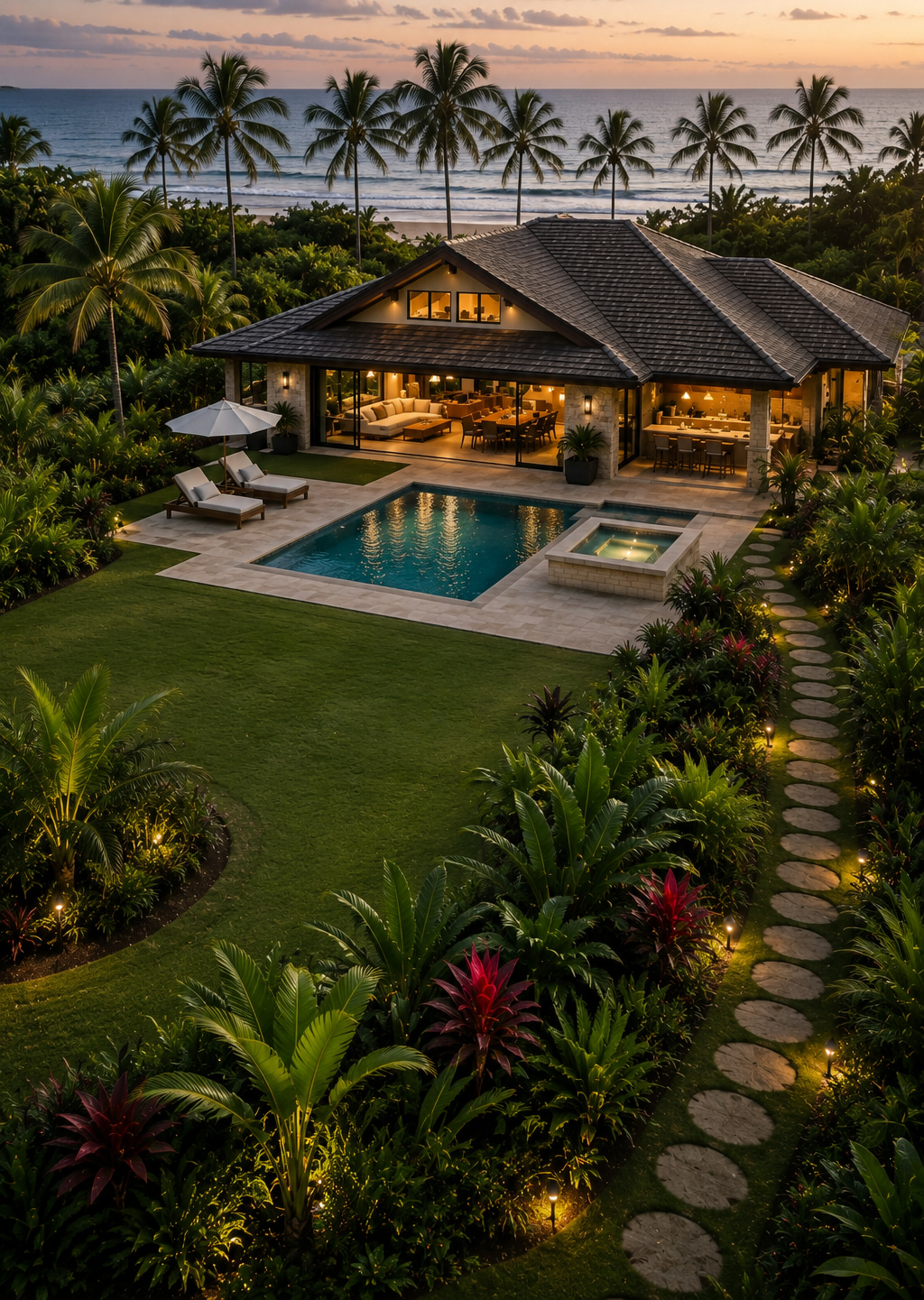 Beach bungalow with private pool, expansive garden and palms in a coastal setting