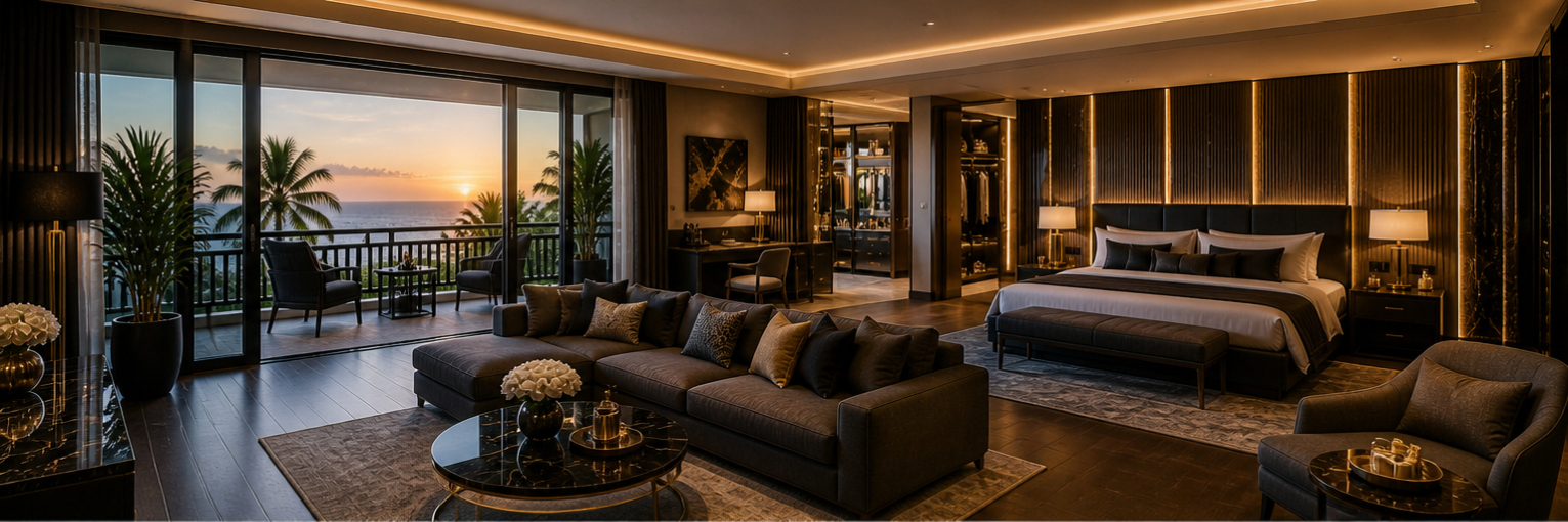 Spacious bedroom suite with lounge, terrace and views of pool and ocean