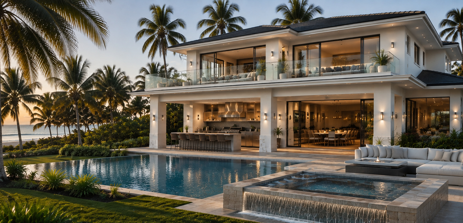 Modern two-storey beach villa with pool, covered outdoor kitchen and palms