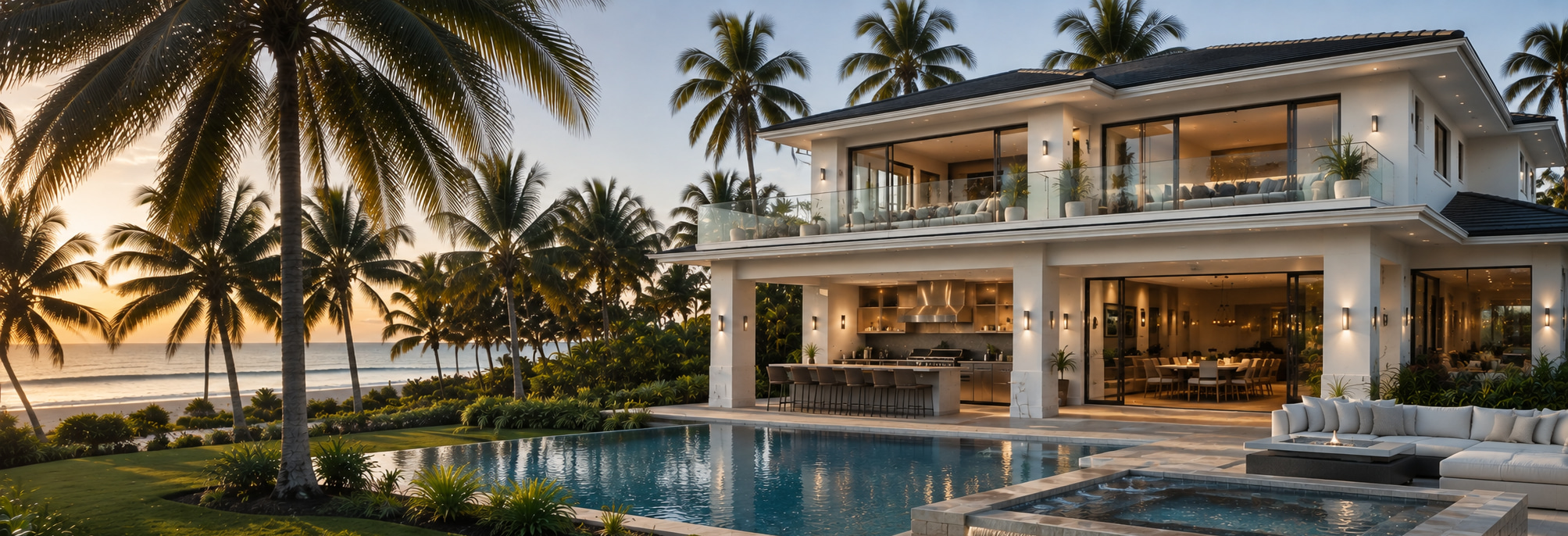 White two-storey beach villa with pool, outdoor lounge and palms