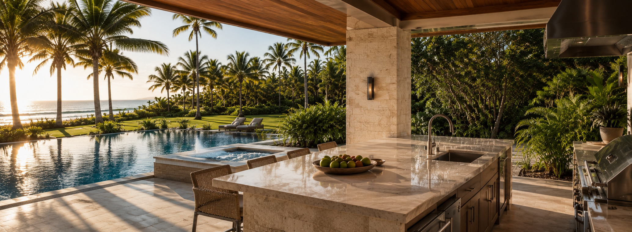 Covered outdoor kitchen overlooking a pool and palm-lined beach