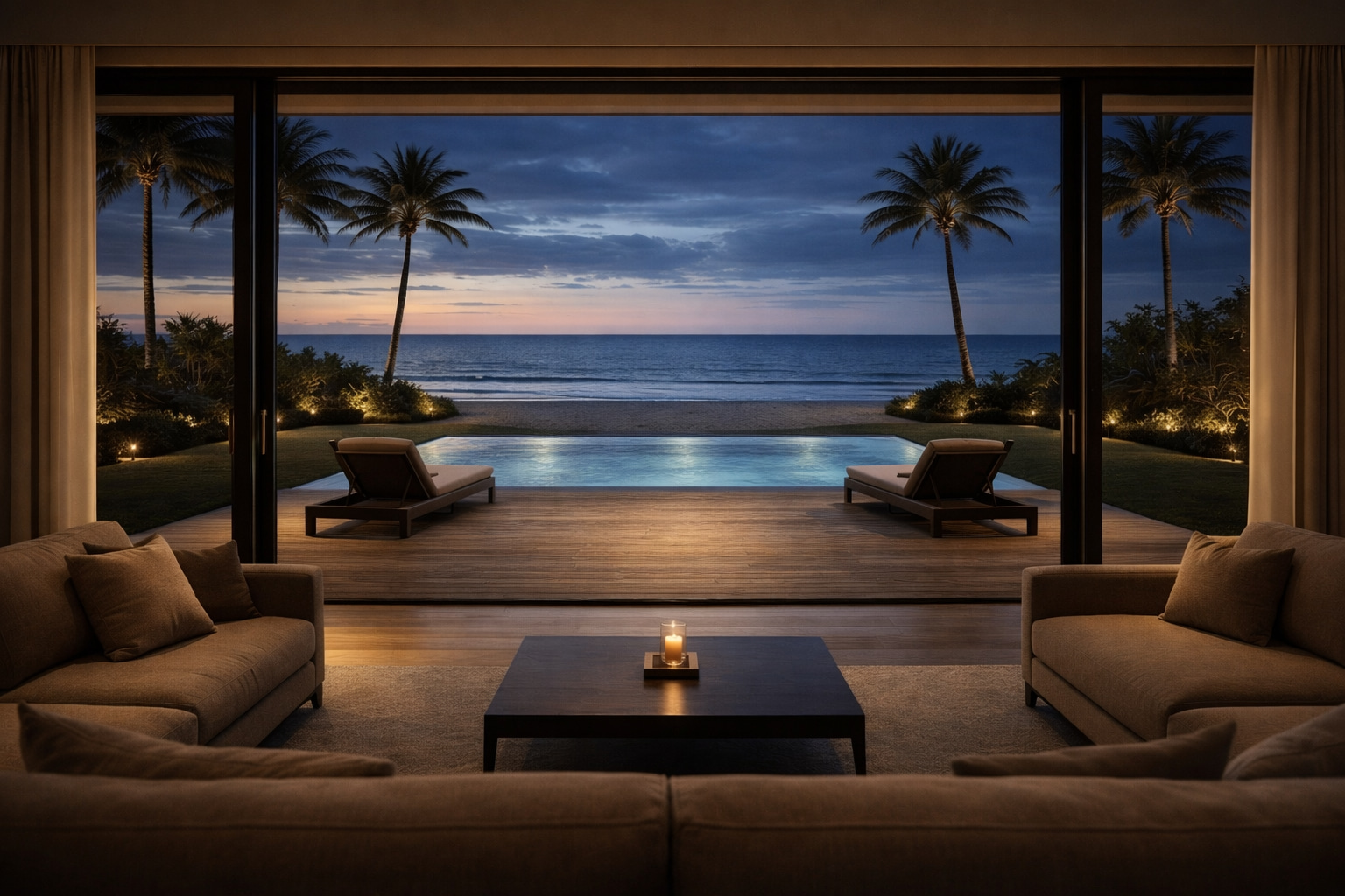Residential vision with direct views across the pool, palms and Atlantic