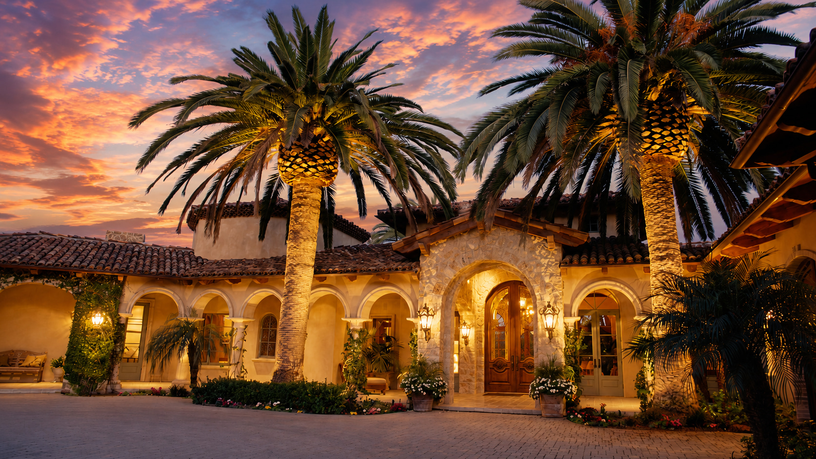 Distinguished entrance to Coastal Estate Baleia with palms and sculptural lighting
