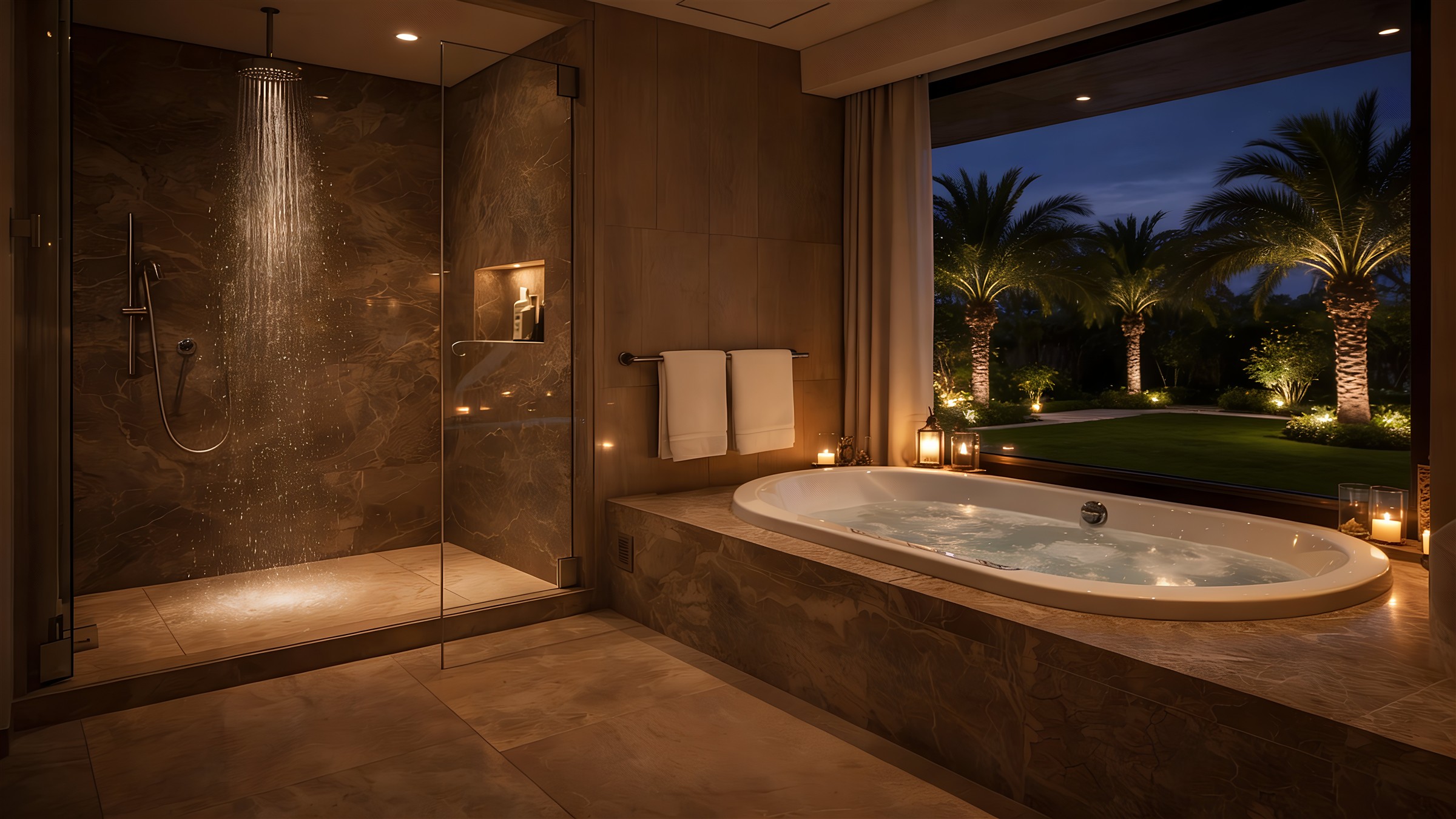 Private wellness environment with bath, garden views and atmospheric lighting