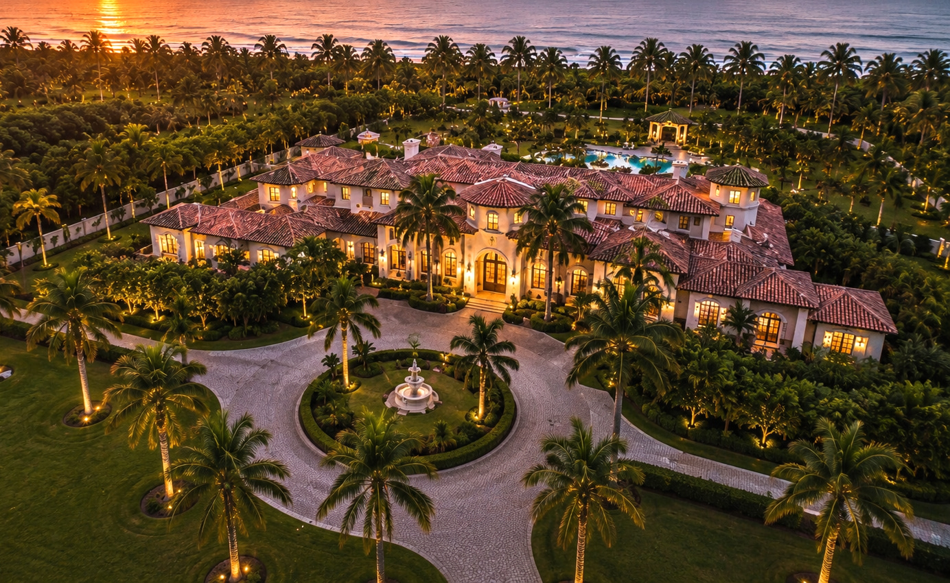 Aerial view of an expansive coastal estate with courtyards and tropical gardens