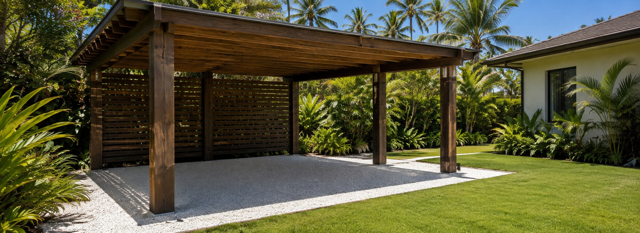 Covered timber carport beside a bungalow in a landscaped tropical garden