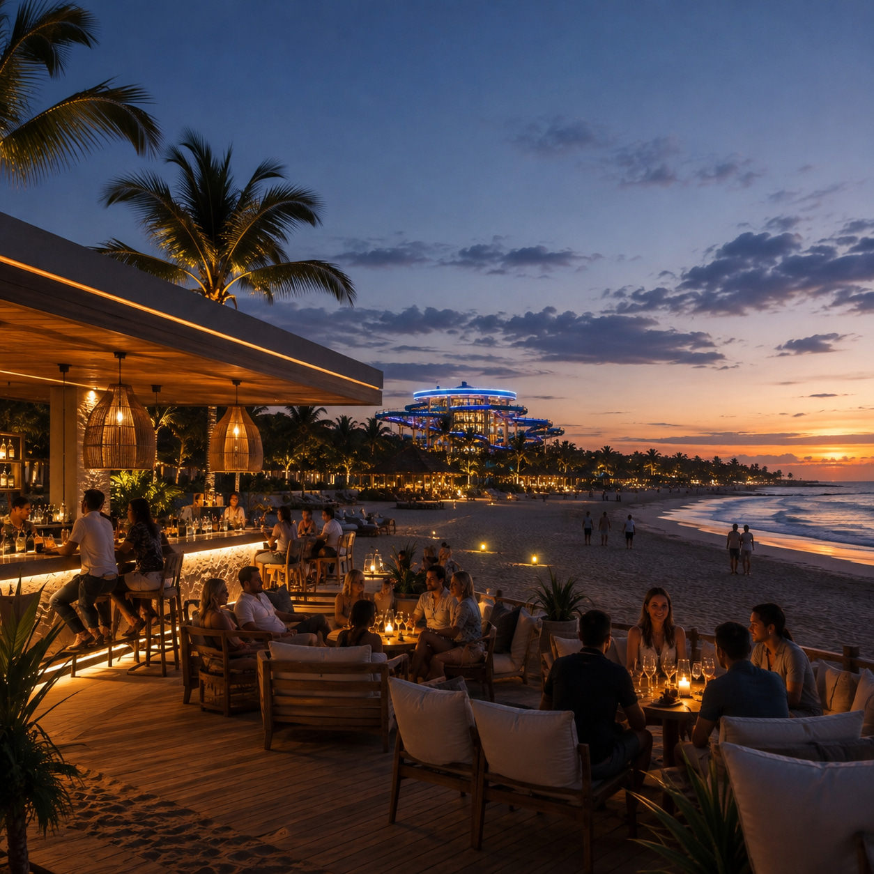 Evening lounge and dining area directly beside a tropical beach