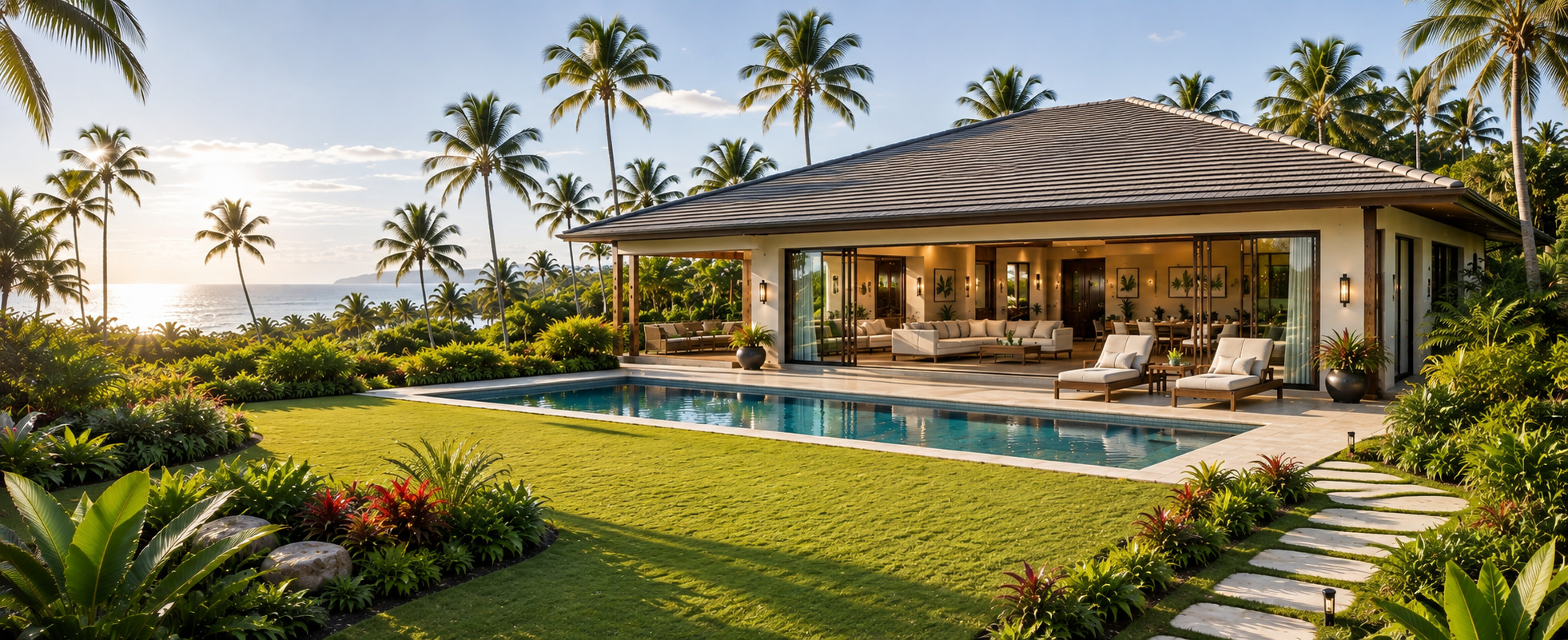 Modern single-storey bungalow with pool, lawn and tropical garden beside the ocean