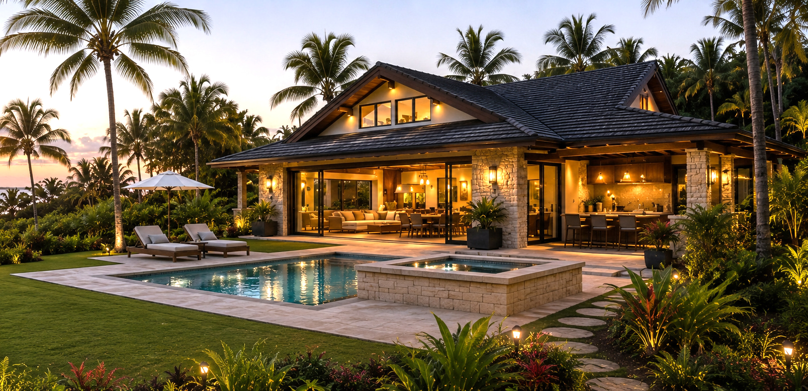 Tropical beach house with pool, covered terrace and illuminated living area