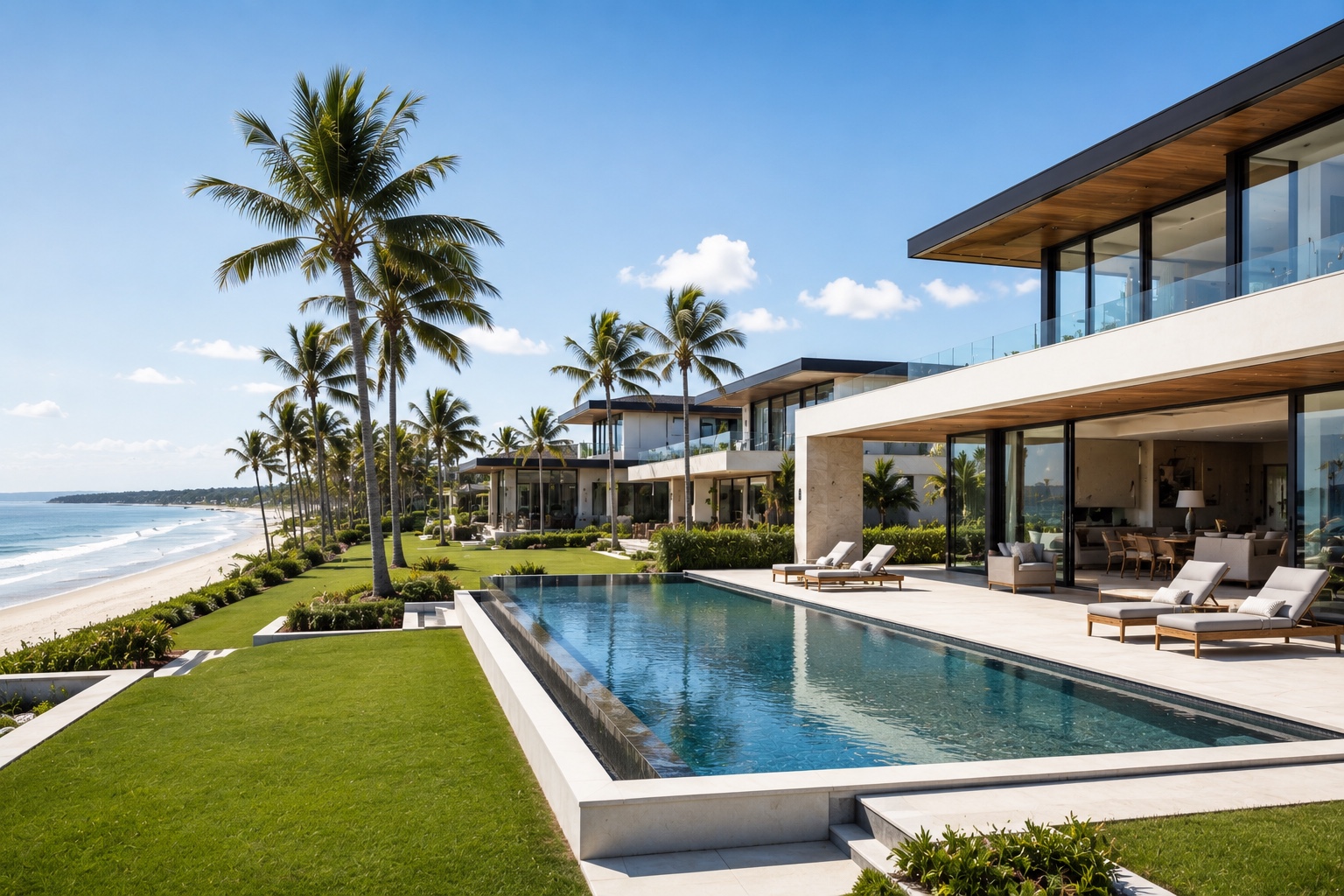 Modern beach-villa ensemble with private pool, lawn and a direct coastal setting