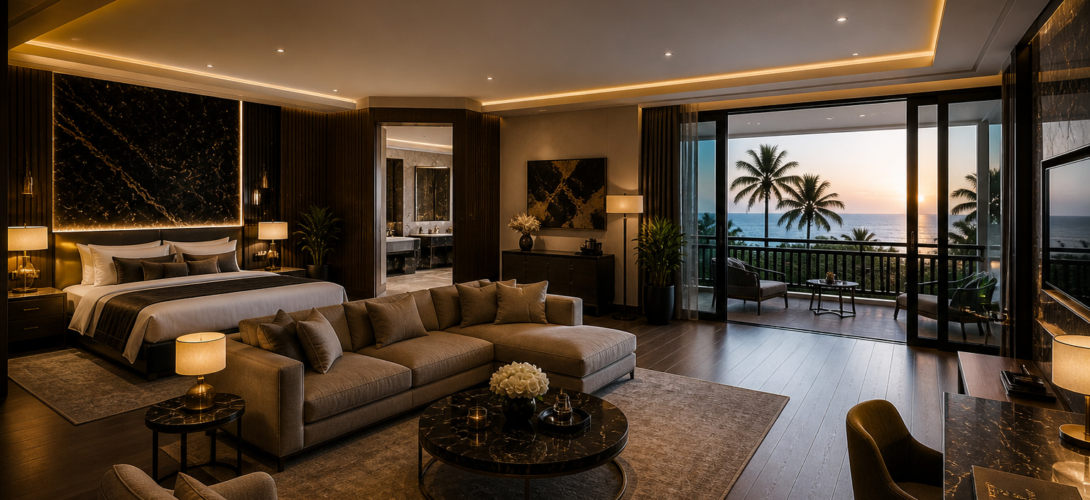 Spacious bedroom suite with lounge and balcony views of palms and ocean