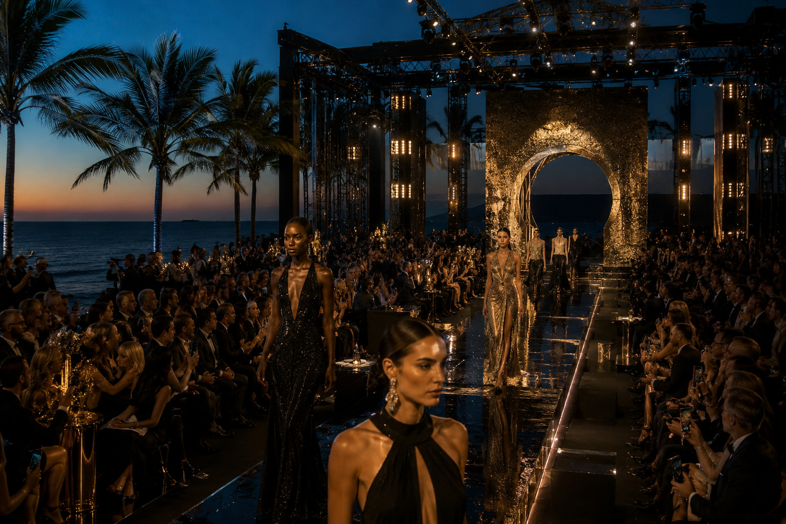 Evening fashion show by the ocean with a runway, palm trees and a formally dressed audience