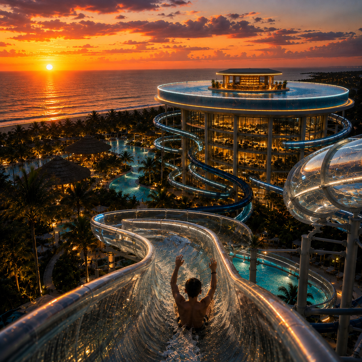 Moderne Wasserrutsche mit Blick über Aqua Paradise Baiana