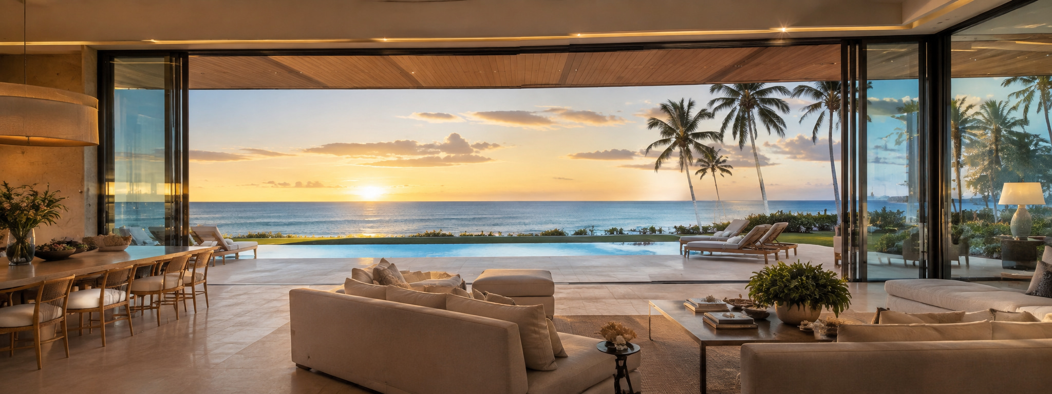 Offener Wohnbereich einer Strandresidenz mit Pool und Blick auf den Atlantik bei Sonnenuntergang
