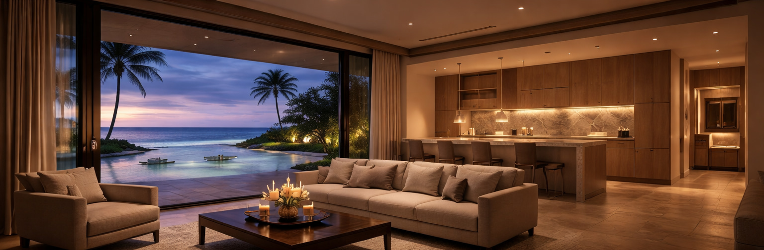 Offener Wohn- und Küchenbereich einer modernen Strandresidenz mit Pool- und Meerblick