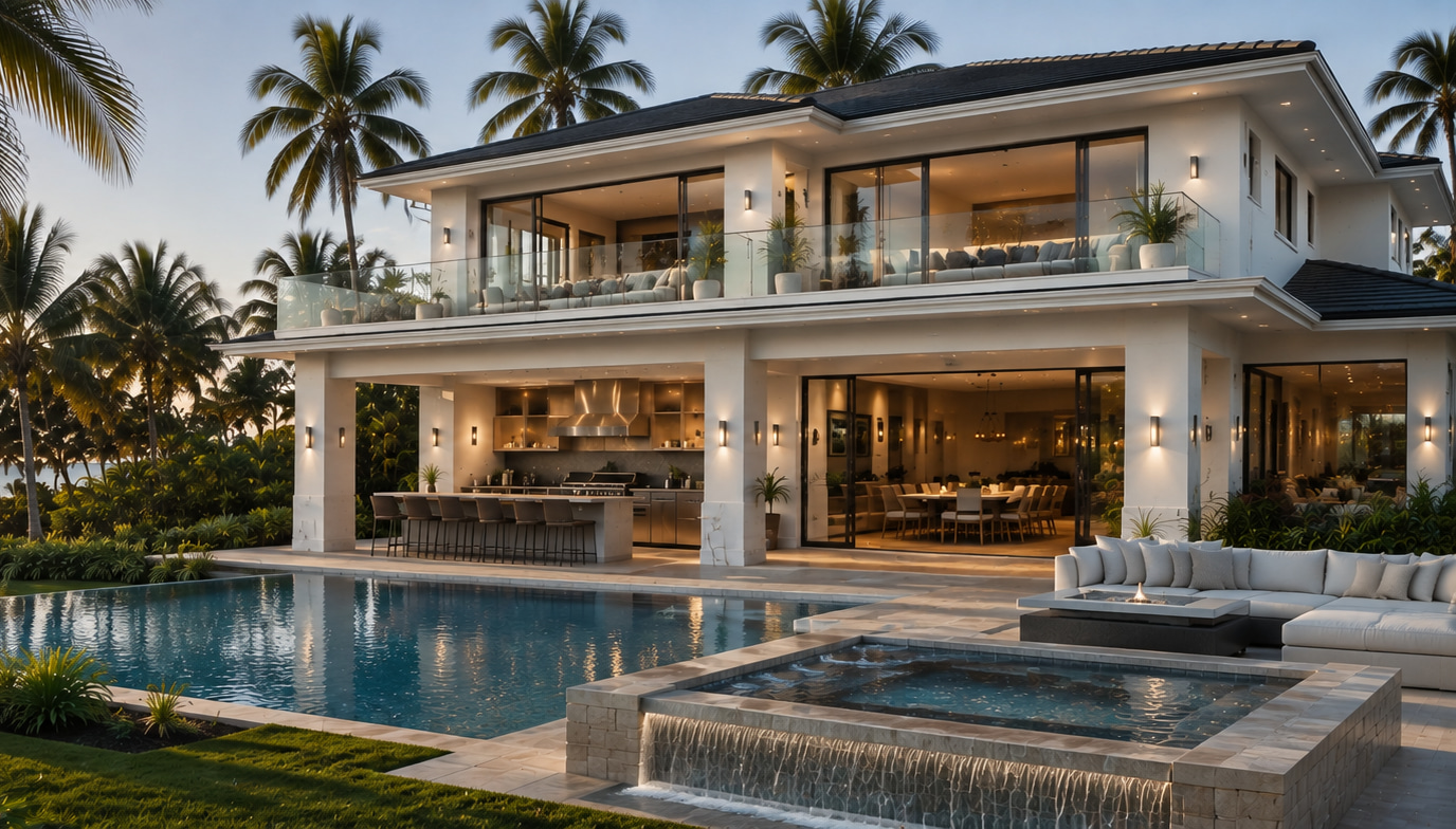 Moderne zweigeschossige Strandvilla mit Pool, Wasserfallkante und Palmen