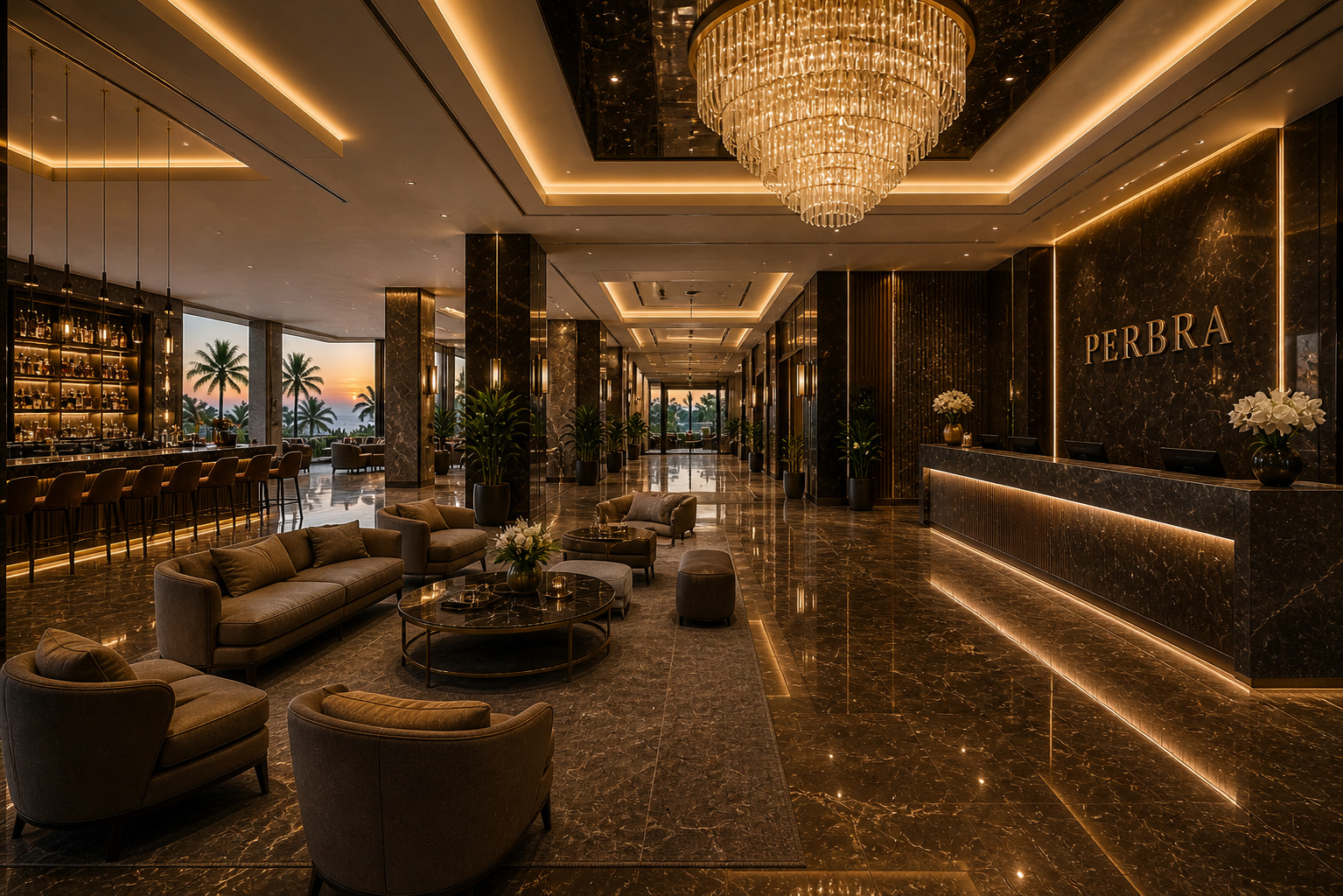 Elegante Hotellobby mit Empfang, Bar, Kronleuchter und Blick auf Palmen