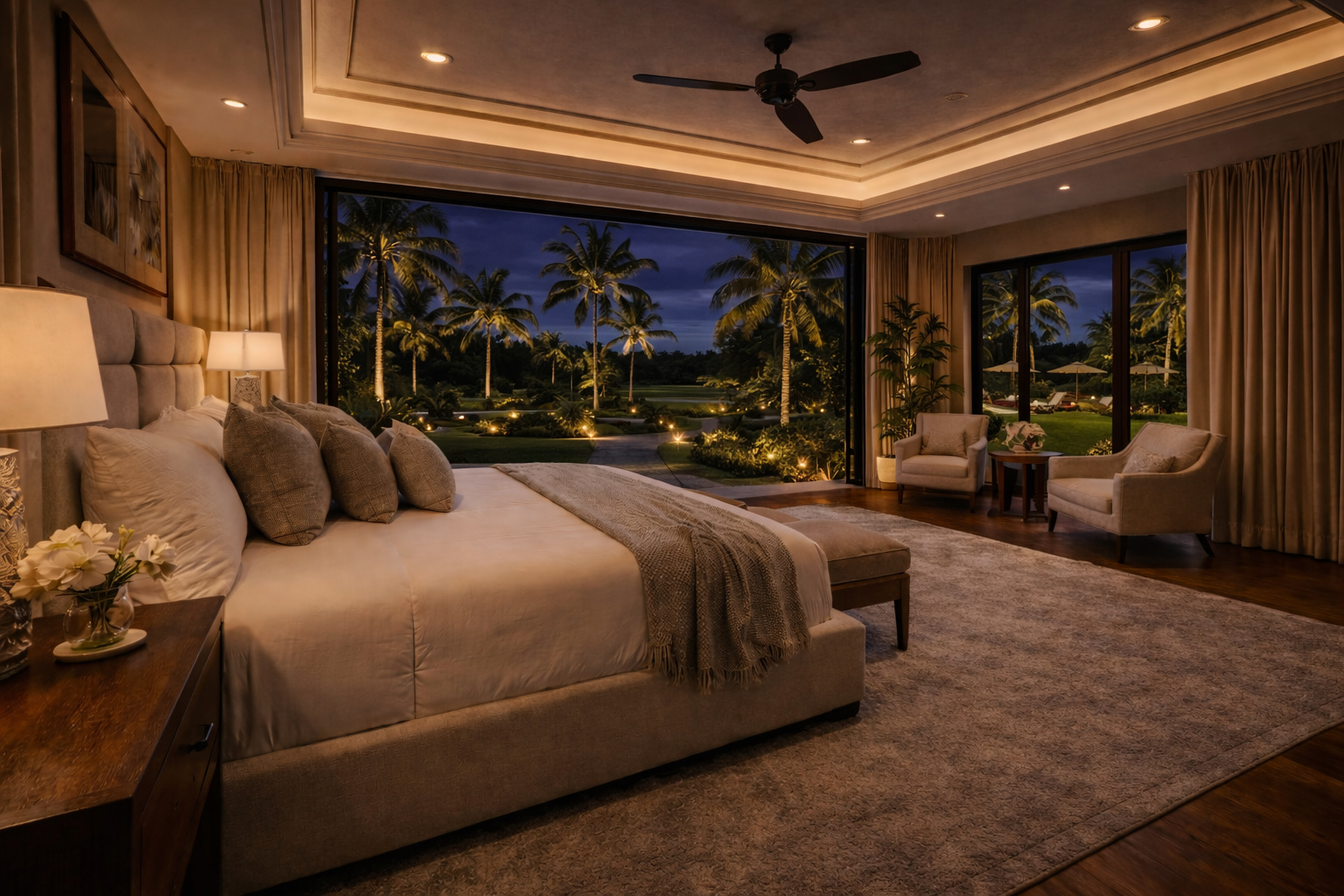 Elegante Schlafsuite mit Lounge, Panoramafenstern und Blick in den tropischen Garten