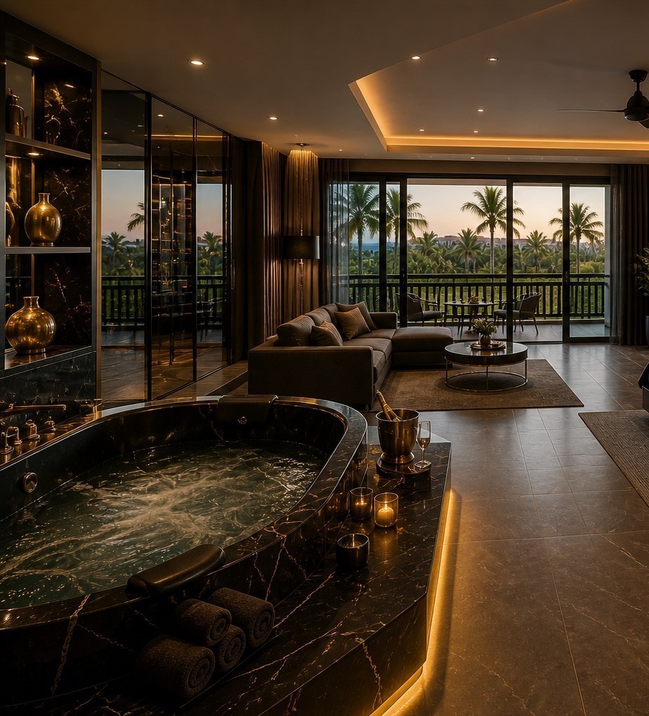 Private Suite mit dunkler Natursteinbar, Lounge und Blick in den tropischen Garten
