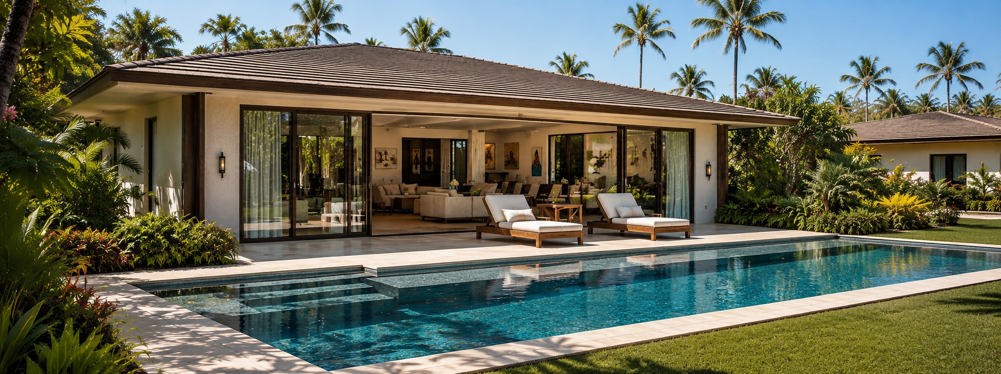 Moderner Bungalow mit überdachter Terrasse und Pool in einem tropischen Garten