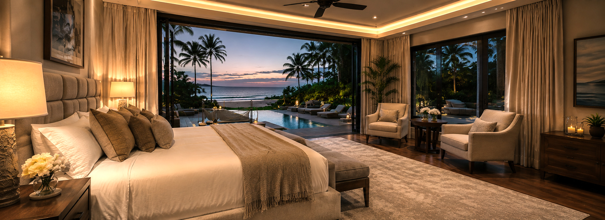 Schlafzimmer eines Strandbungalows mit Blick auf Pool, Palmen und Meer bei Abenddämmerung