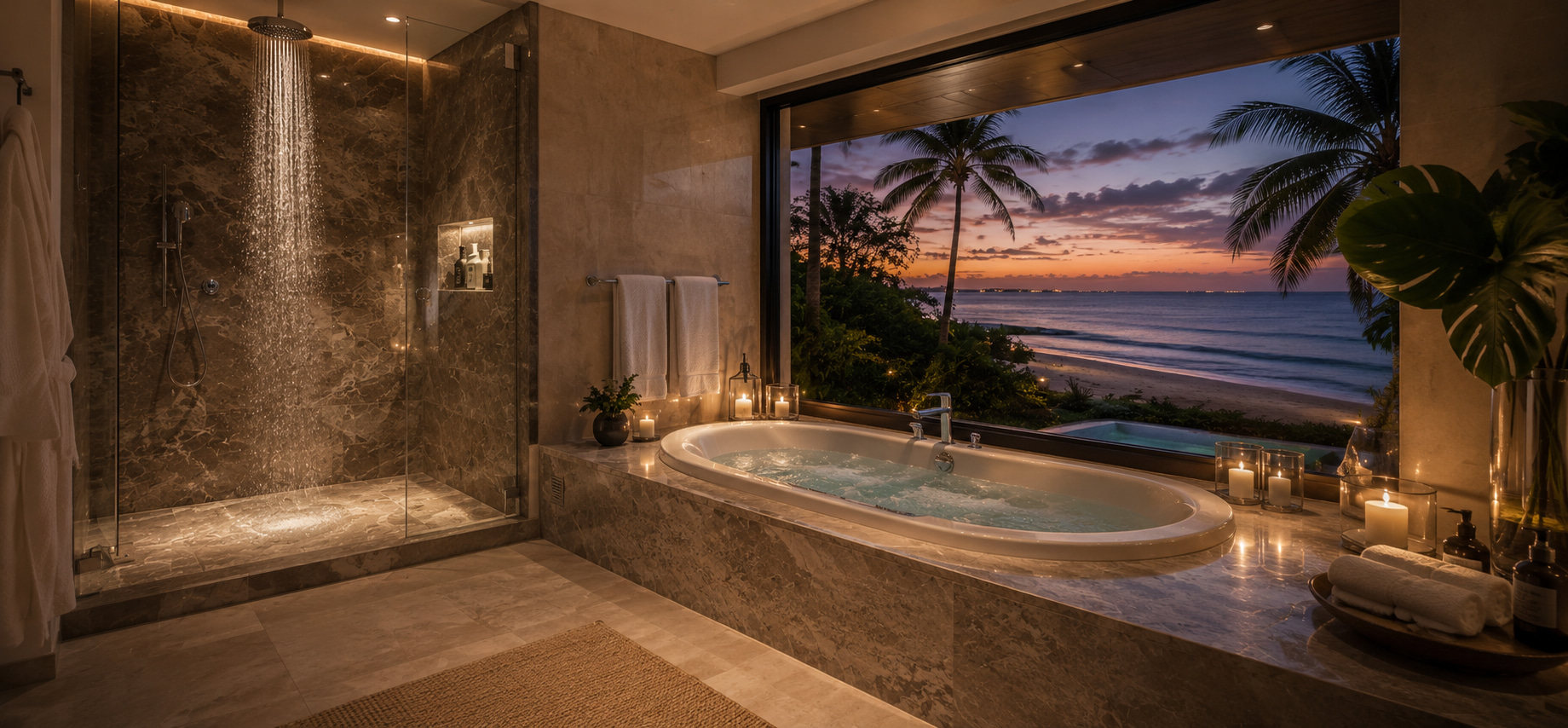 Natursteinbad eines Strandbungalows mit Dusche, Badewanne und Meerblick