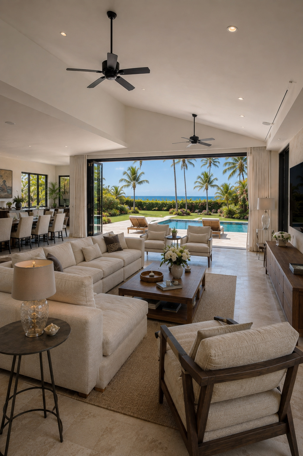 Offener Wohn-, Ess- und Küchenbereich eines Strandbungalows mit Blick auf Pool und Meer