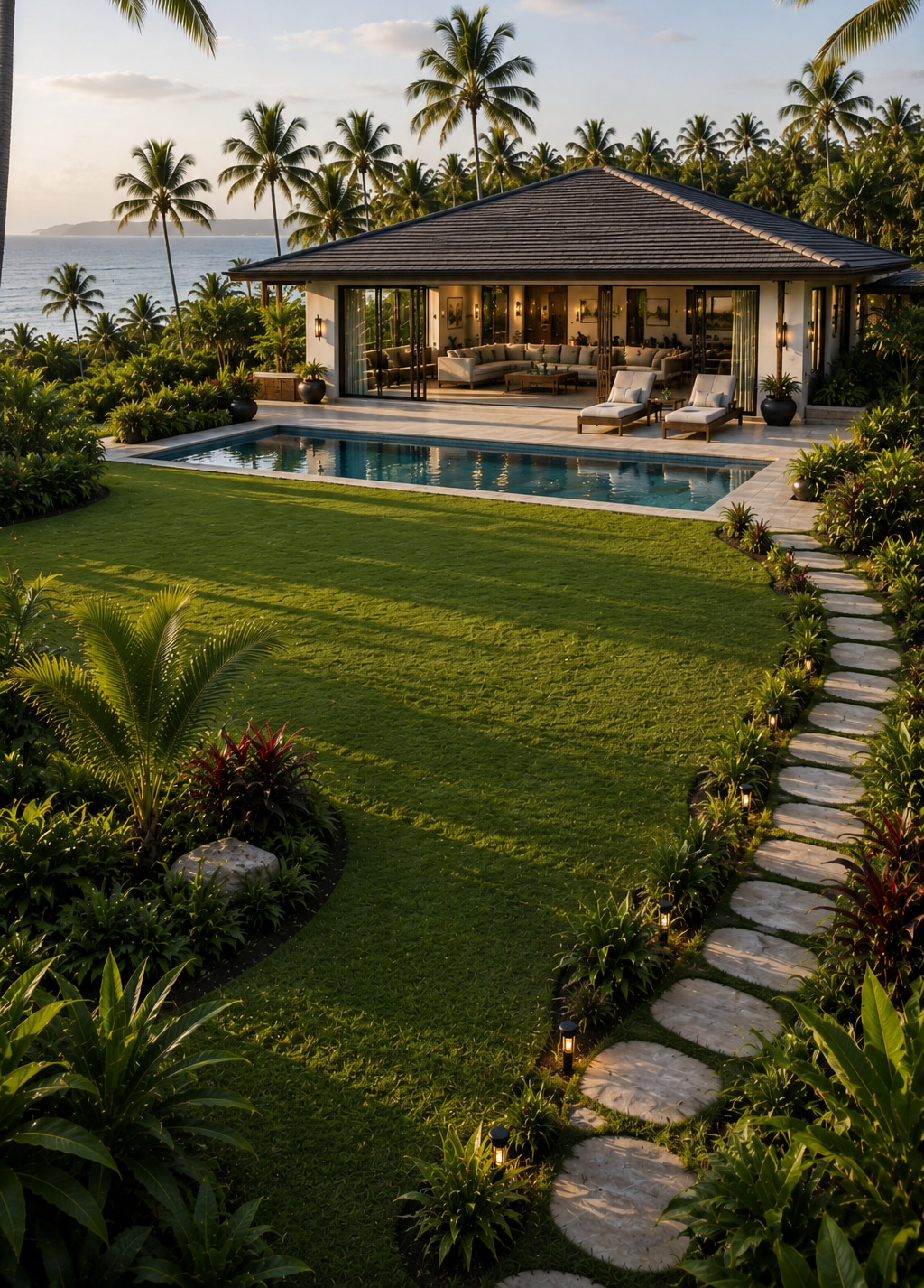 Moderner Strandbungalow mit Pool, Garten und überdachter Terrasse in tropischer Küstenlage