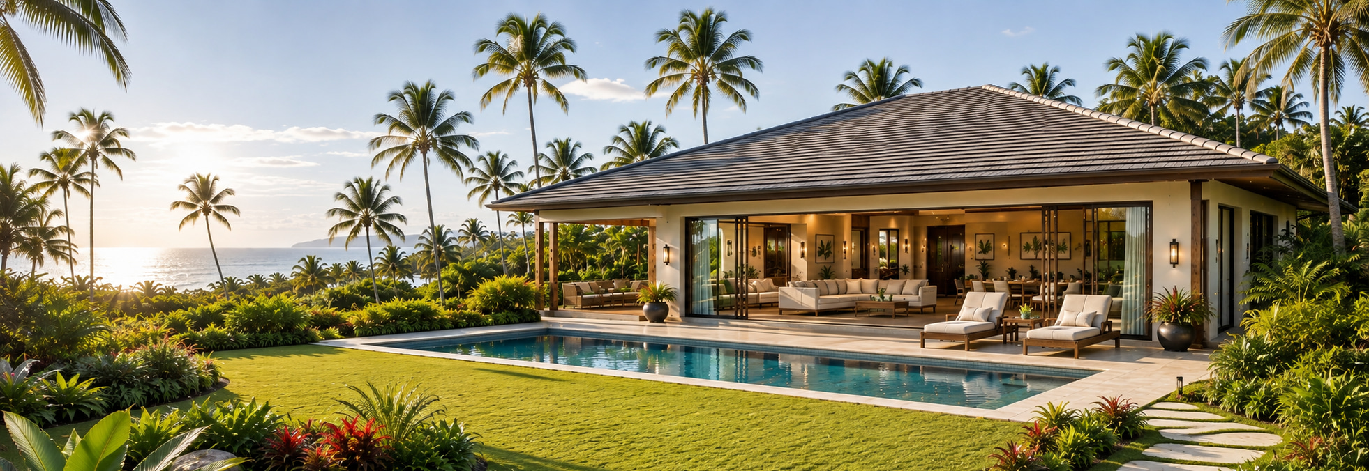 Eingeschossiger Strandbungalow mit Poolterrasse, Garten und Palmenkulisse