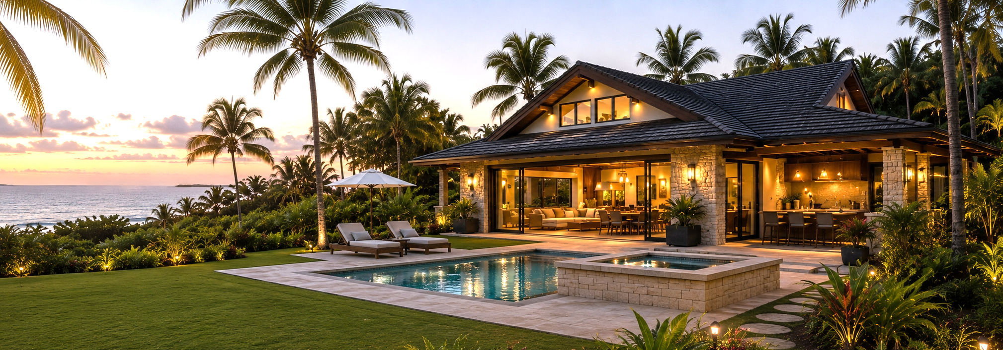 Großzügige Strandvilla mit Pool und offenem Wohnbereich zwischen Palmen bei Sonnenuntergang