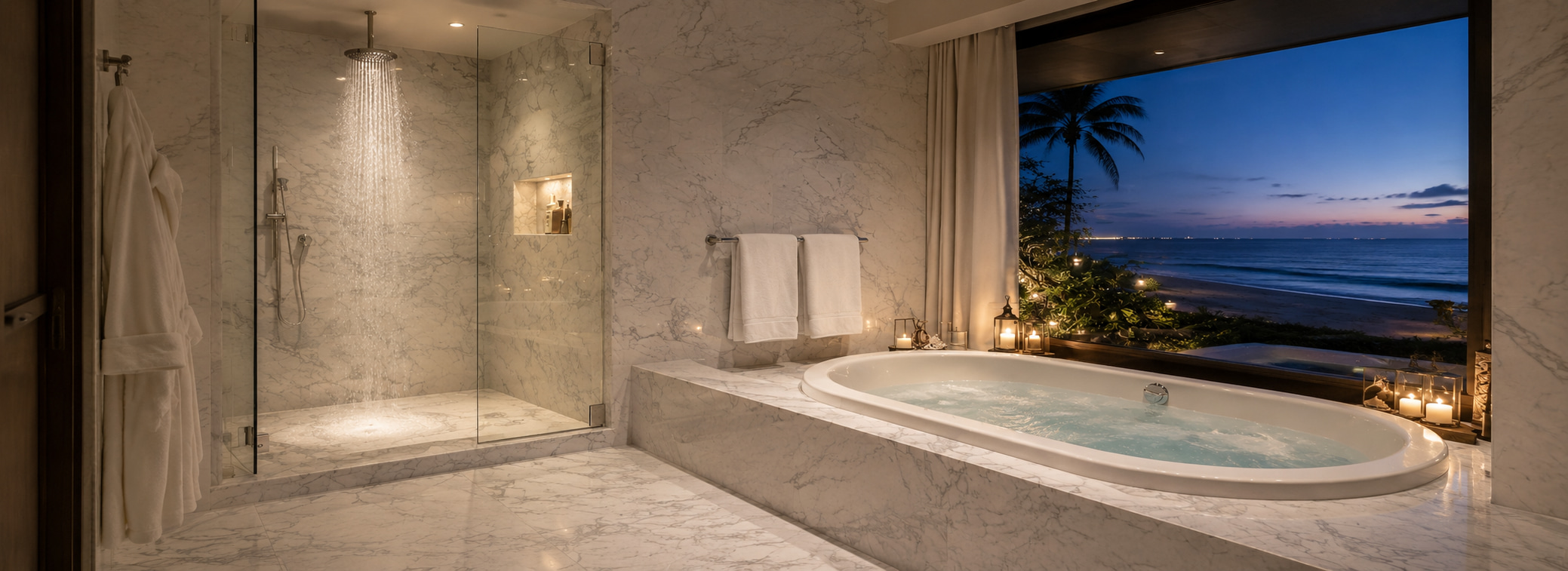 Helles Natursteinbad mit freistehender Badewanne und Fenster zum Meer
