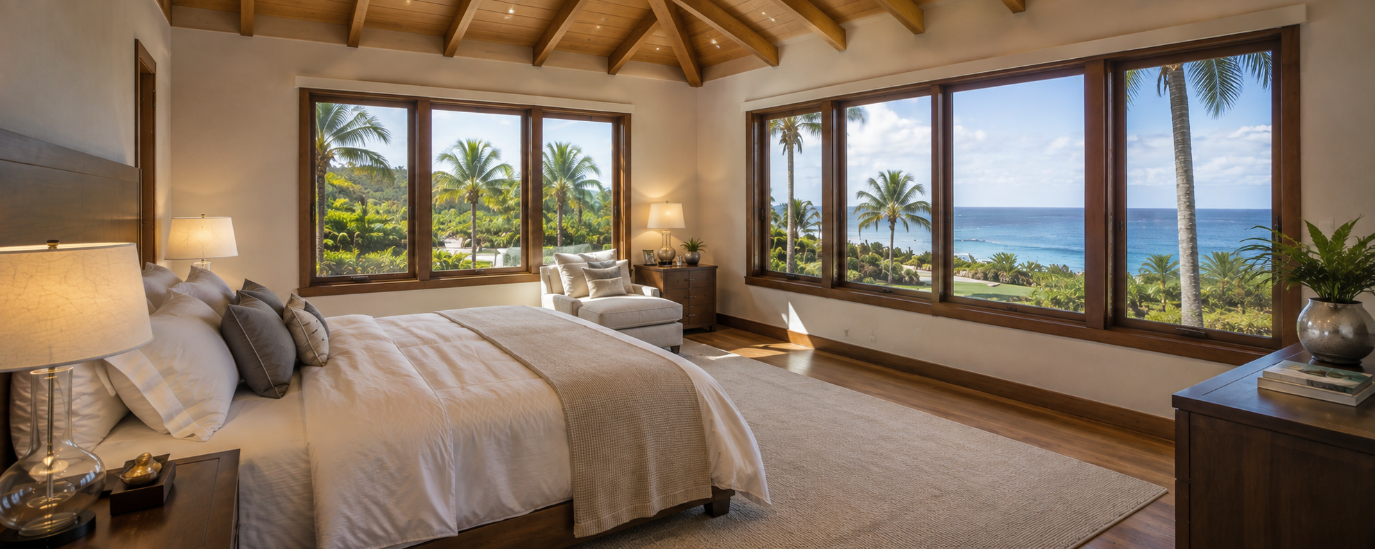 Helles Schlafzimmer einer Strandresidenz mit Panoramafenstern und direktem Meerblick