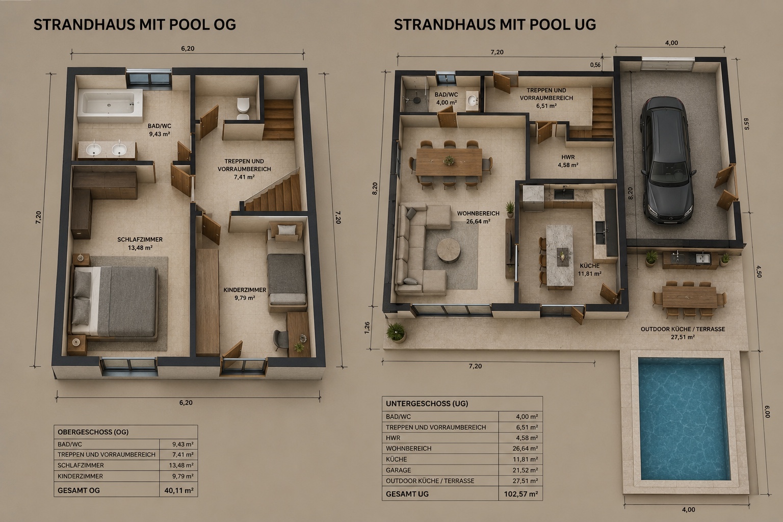 3D-Grundriss des Strandhauses mit Pool, Untergeschoss und Obergeschoss