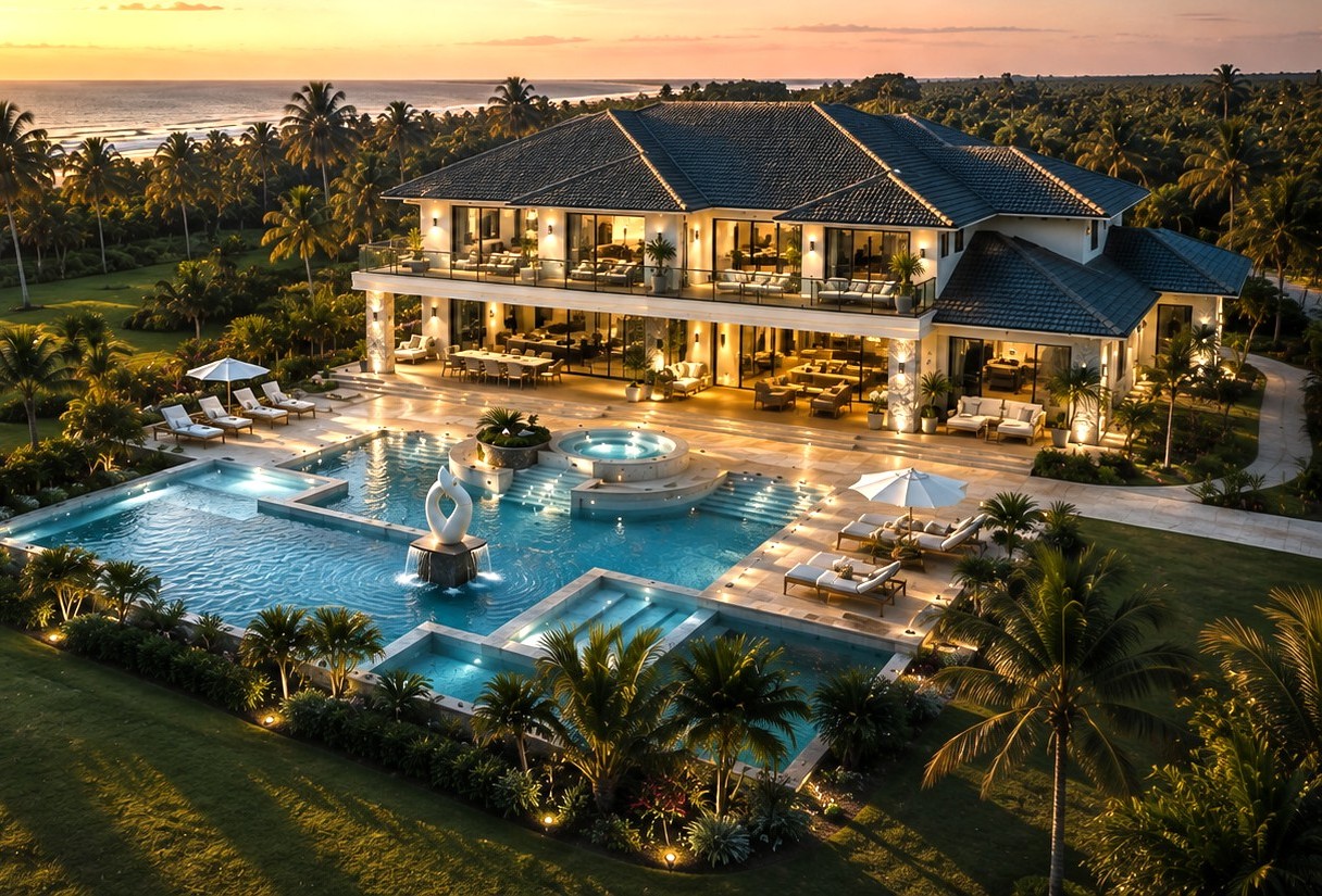 Luftansicht eines weitläufigen Küstenanwesens mit großer Poollandschaft bei Sonnenuntergang