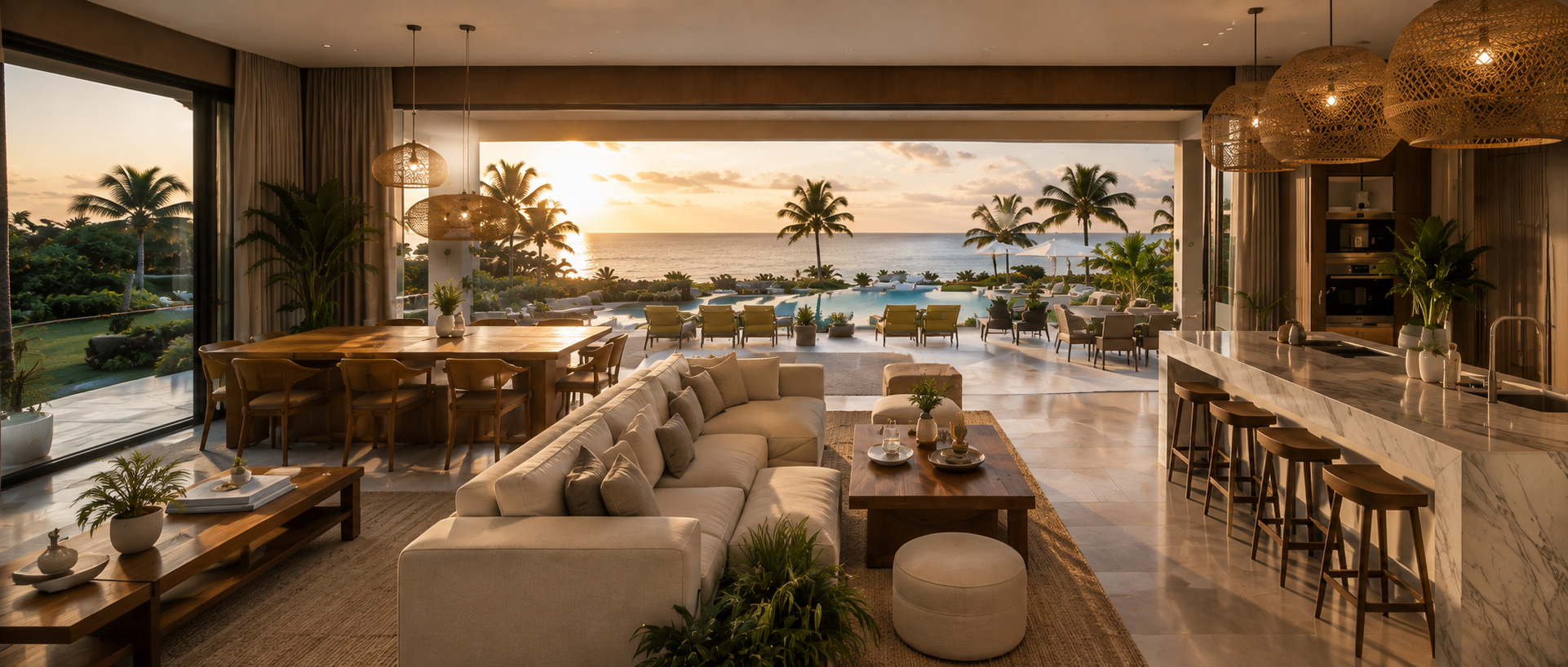 Offener Wohnbereich einer Küstenresidenz mit Blick auf Pool und Meer