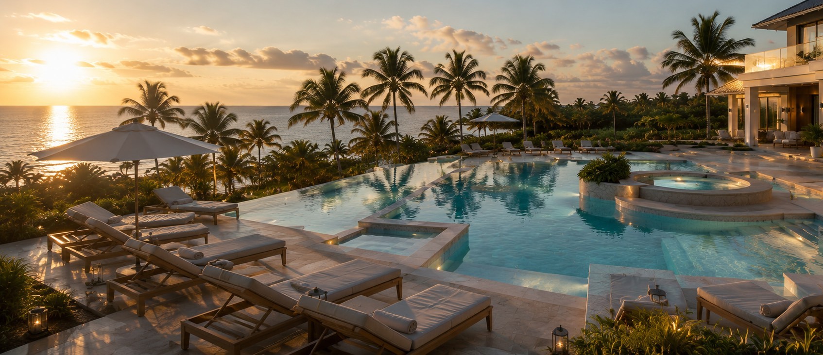 Poolterrasse einer privaten Küstenresidenz am Atlantik