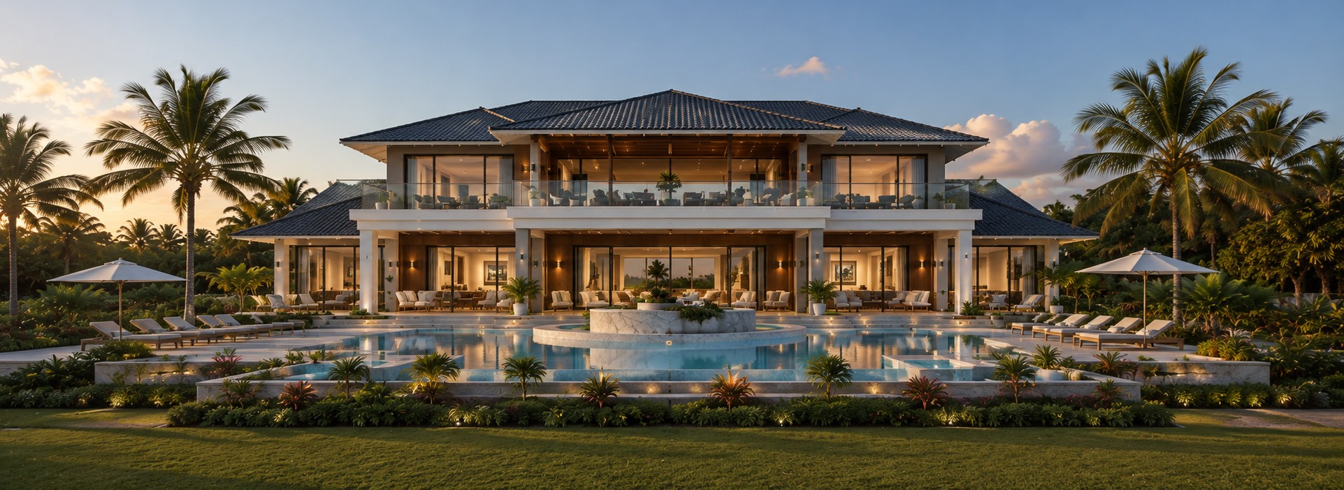 Architekturvision einer privaten Residenz mit Pool und Palmen