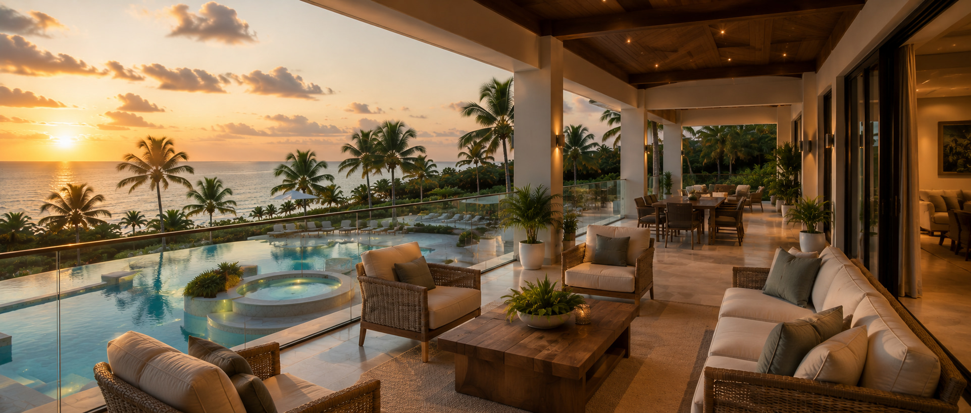 Überdachte Lounge einer privaten Küstenresidenz mit Meerblick