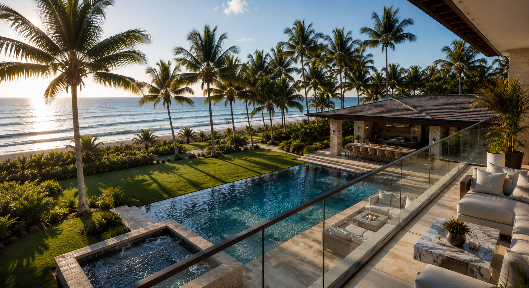 Private Poolterrasse mit Outdoor-Küche und Blick über Palmen zum Atlantik